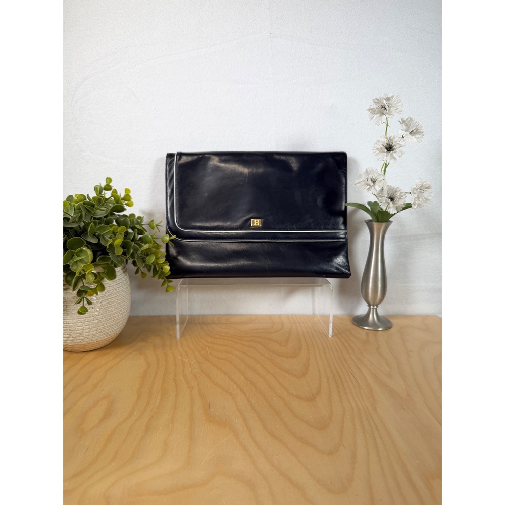 BALLY Vintage Black Leather Clutch Bag Made in Italy Gold Logo Flap Closure